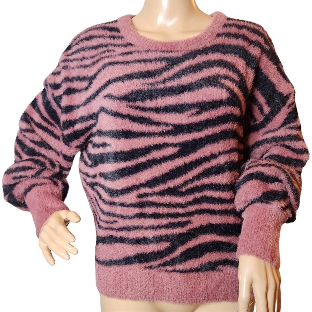 Express Fuzzy Soft Pink Mauve/Black Zebra Sweater… - image 1